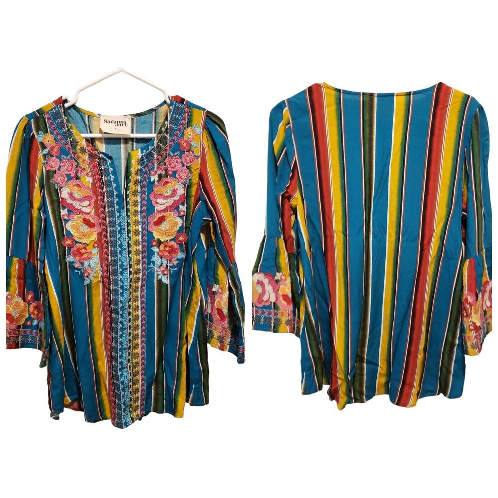 Savanna Jane Size Small Serape Stripe Embroidered Bell Sleeve Boho Tunic Blouse